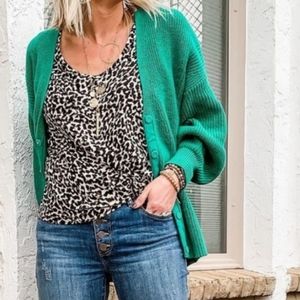 CAbi Emerald Green Ribbed Button Cardigan